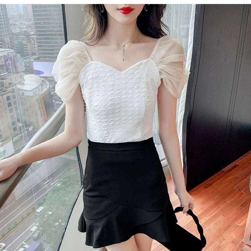 Summer Mesh Spliced Women Puff Sleeve Square Neck T Shirts Lady French Fashion Elegant Sweet Slim Fit Clothing Tops Black White