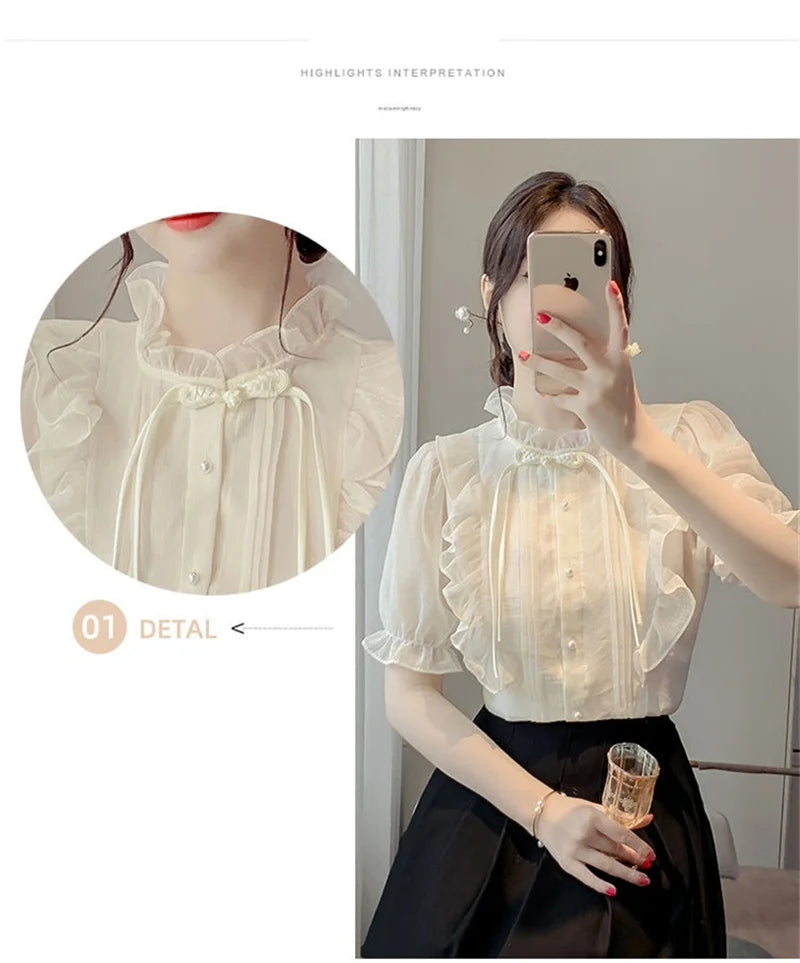 New Chinese Button French Ruffled Lace Gentle Chiffon Shirt 2025 Summer Fashion Temperament New Design Small Shirt Stylish Top