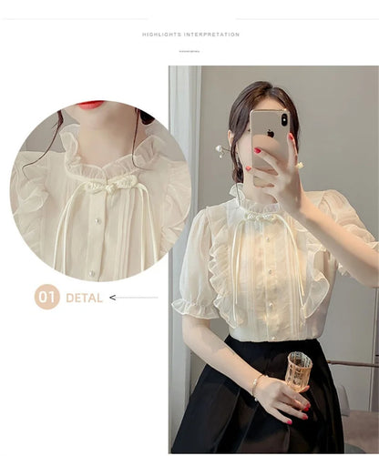 New Chinese Button French Ruffled Lace Gentle Chiffon Shirt 2025 Summer Fashion Temperament New Design Small Shirt Stylish Top