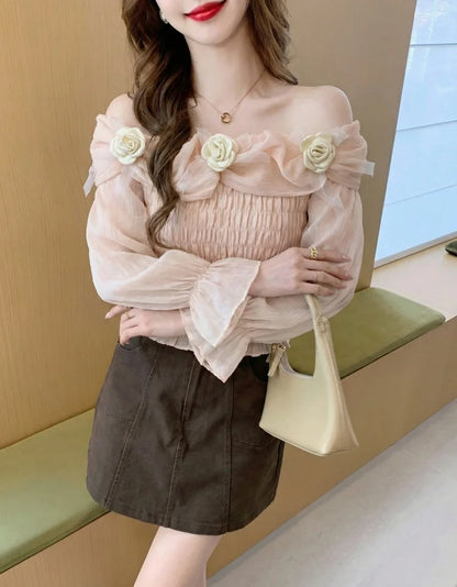 Sweet oulder One-oulder 3D Flower Bell Sve Women's irt Spring New Sle Waist Cinching Beautiful Top Ci Walk ort...