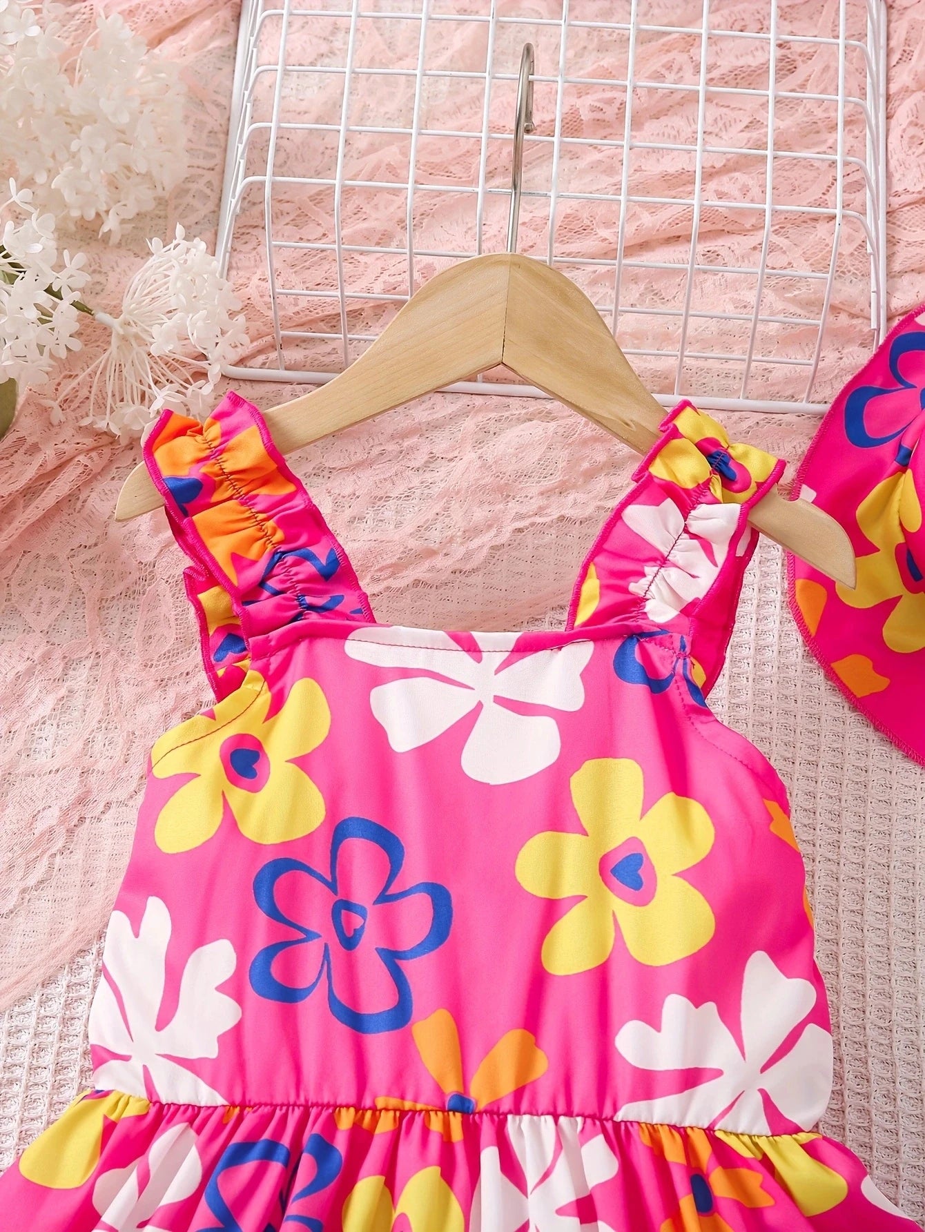 Summer fashion dress for girls, floral print pattern, ruffled camisole dress+hat