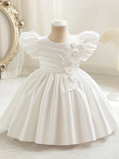 Girls' birthday dresses, bubble sleeves, three-dimensional flower party dresses, holiday dresses, girls' satin dresses, princess