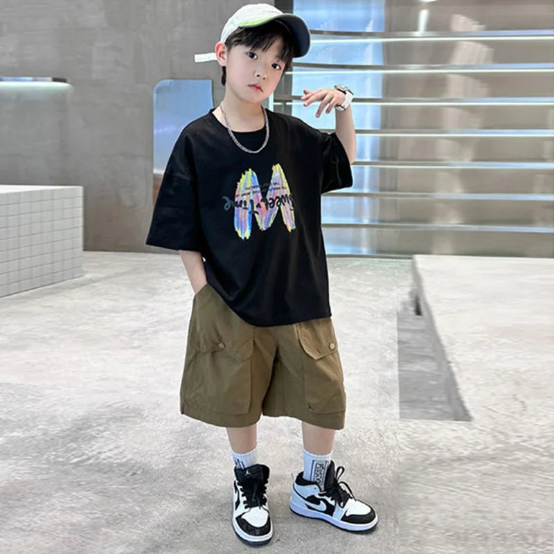Clothing Sets Big Children Short-sleeved Top+Shorts Suits Teenager T-shirt Loose Sports 2Pcs Outfits