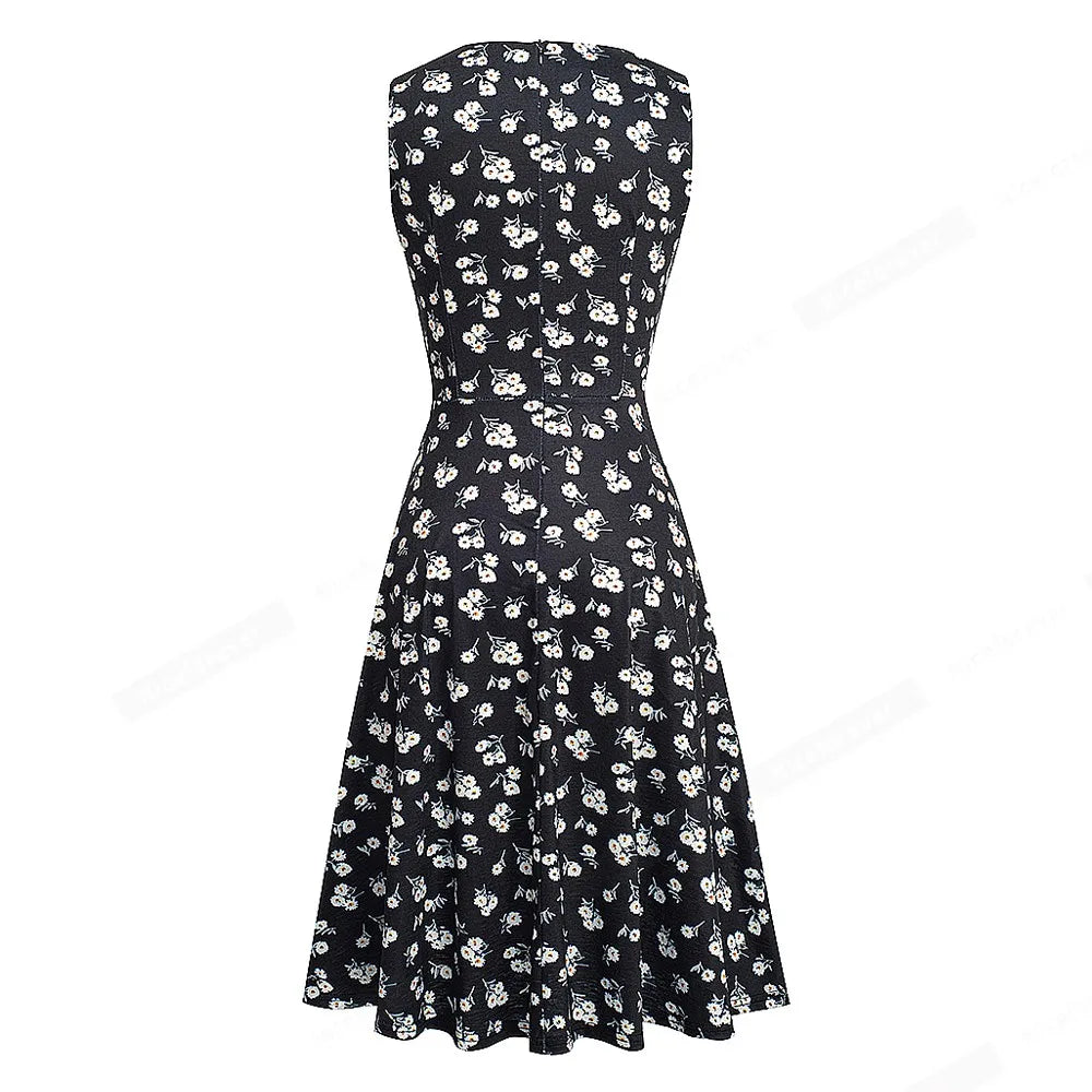 Women Vintage Casual Round Neck A line Summer Elegant Floral Lace Patchwork Sleeveless Tunic Party Swing Dress HA079