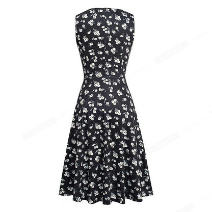 Women Vintage Casual Round Neck A line Summer Elegant Floral Lace Patchwork Sleeveless Tunic Party Swing Dress HA079