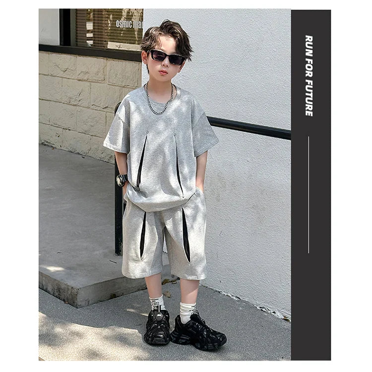 American Kids Design Double Cotton Gauze Clothing Set For Teenage Boy Casual Summer Top and Bottom Clothes Set Child Tracksuit