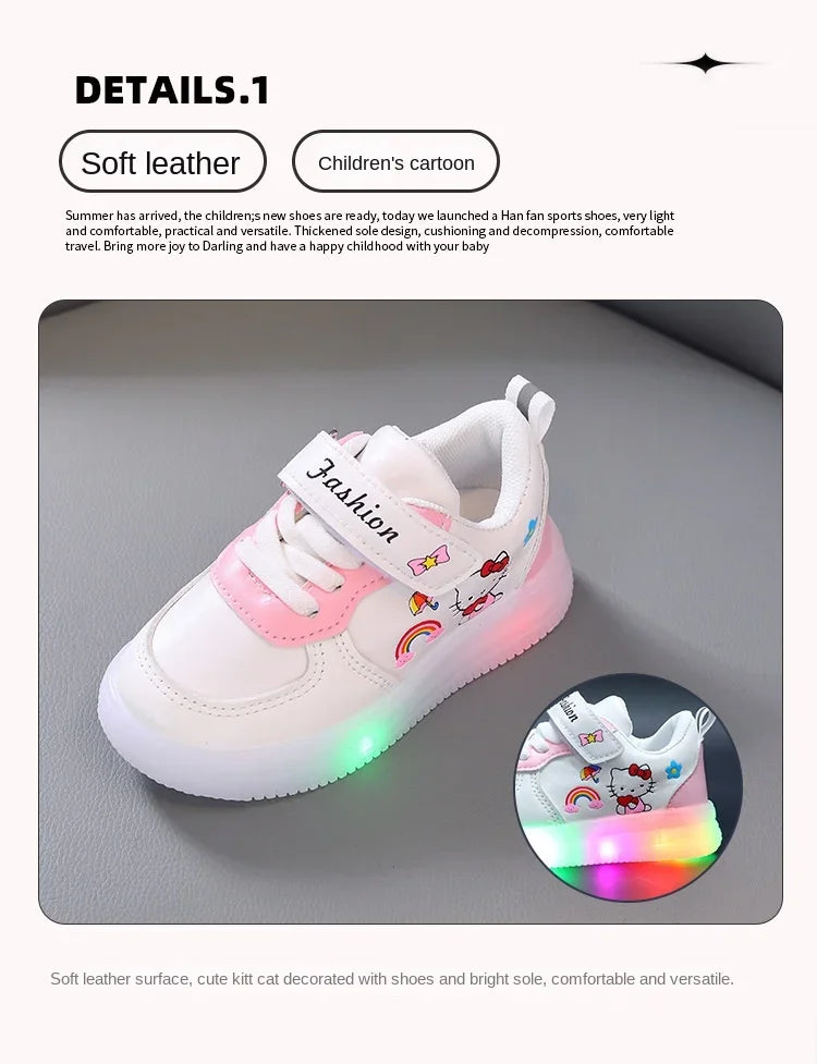 Spring Autumn Baby Girls Hello Kitty Led Light Shoes Children's Sneakers Toddler Anti-slip Walking Shoes Girls Outdoor Shoes