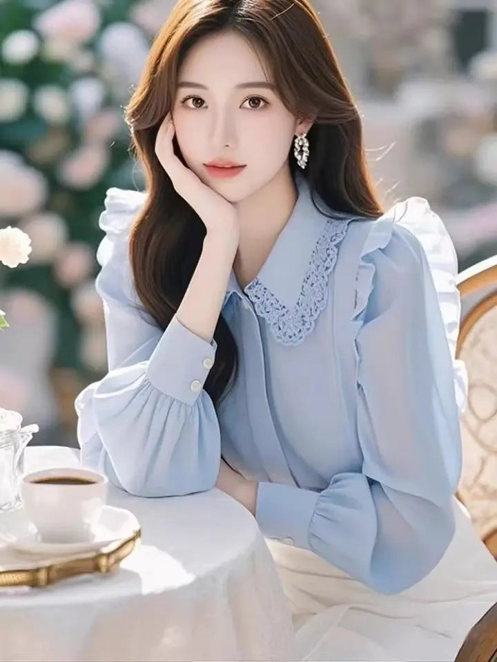 Blue Long Sve irt Women's Faionable Beautiful Top Small Flng Sve Design Spring Sli Good Looking Ele Garment