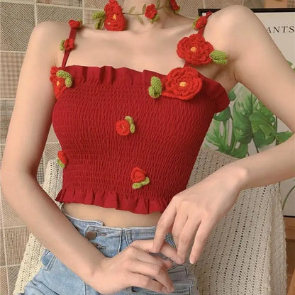Camis Women 3D Decoration Patchwork Crop Top Slim Design Retro Classic Sexy Basic Korean Style Ulzzang Ins Holiday College Young