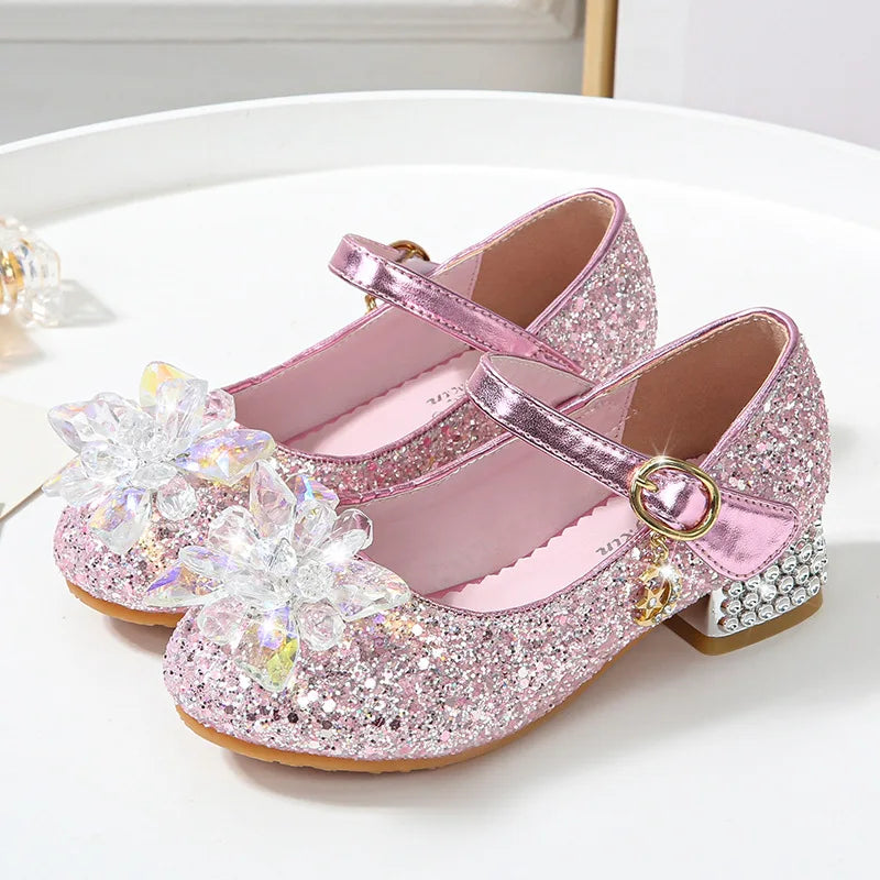 Kids Causal Shoes Wedding Party Children's High Heels Princess Shiny Crystal Flower Girls Leather Shoes Pink Blue Sliver 23-38