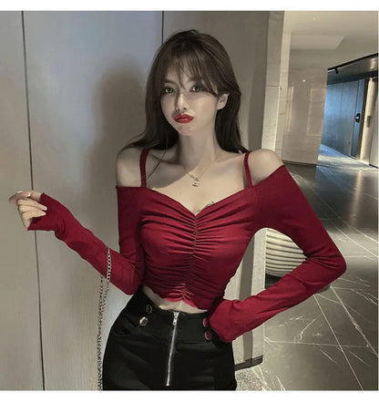 Slash Neck T-Shirts Women Sexy Lady New Design Solid Shirring All-match Футболка Женский Summer Slim Cozy Ins Chic Korean Trendy