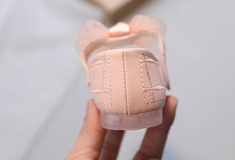 Korean Style Kids Solid Color Embroidered Leather Shoes Girls Big Bow Mesh Flower Princess Flat Dance Shoes
