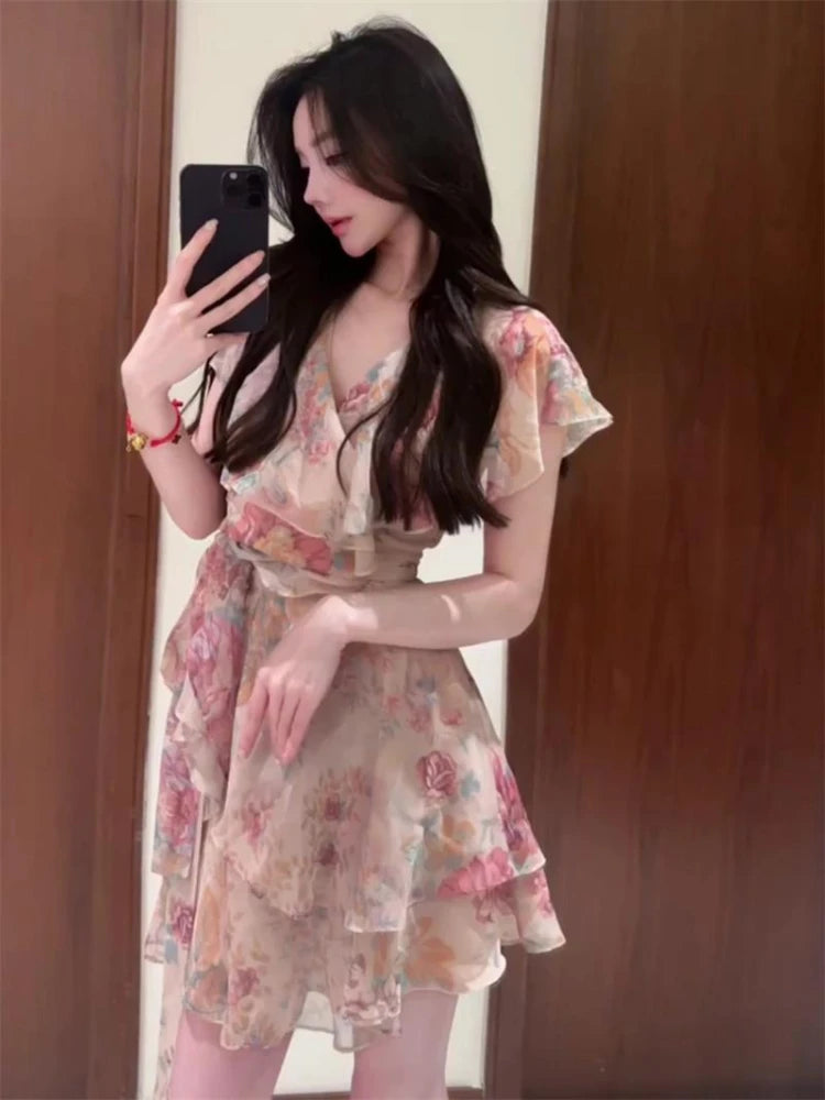 2025 Vestidos De Mujer Summer Vintage Dress Women Clothing V Neck Printing Temperament Robe Femme Ruffled Bandage Mini Dresses