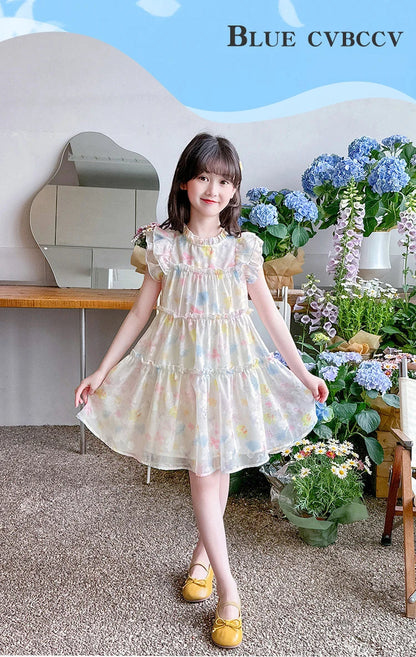 Summer girl's dress new style children's Western style floral chiffon princess dress printed baby's park play skirt