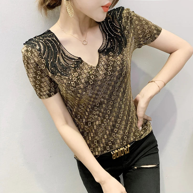 Sexy Hollow out V-Ne Rhinestone ort Sve T-irt Women Summer New Lace Me Top Trendy Anti-Aging Versatile Small irt