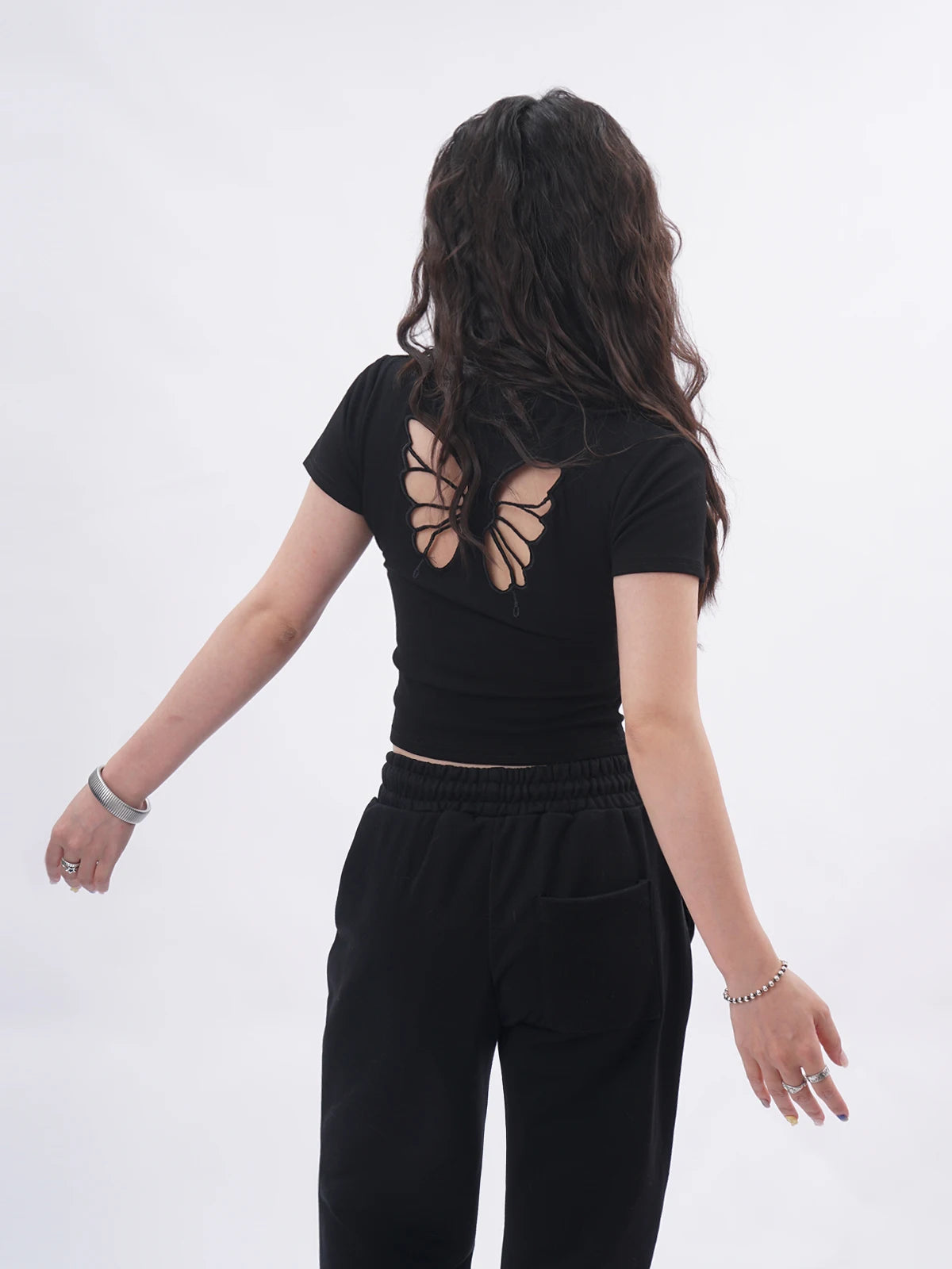 Ele Bal  Embroidery Bla T-irt Sexy Hollow out American Retro Sle ort Sve Street Faion Women's Top