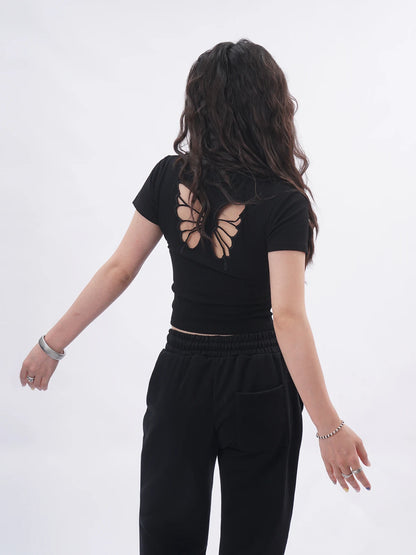 Ele Bal  Embroidery Bla T-irt Sexy Hollow out American Retro Sle ort Sve Street Faion Women's Top