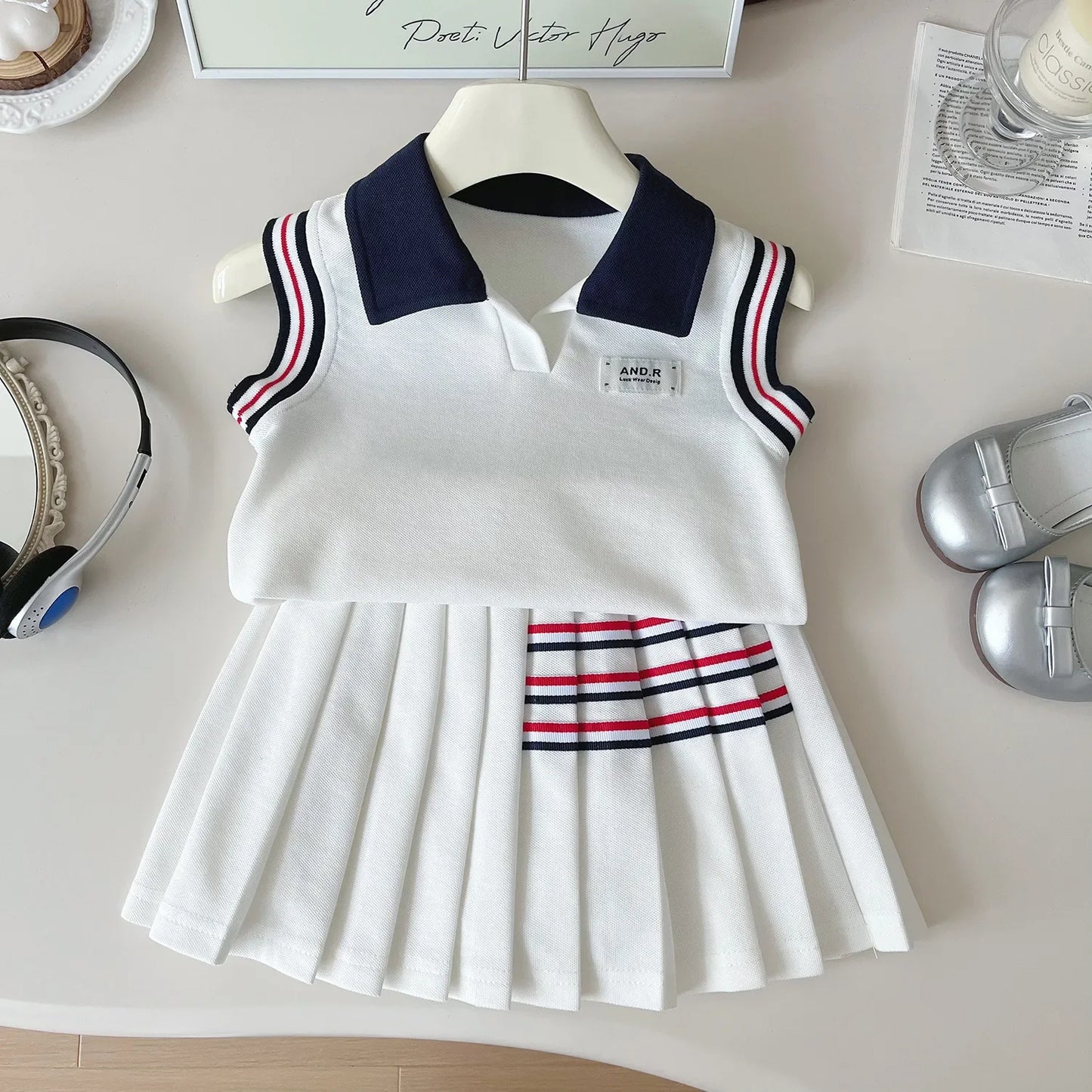 Baby Girl College Style Summer 2PCS Clothes Set Polo Collar Kid Girl Vest Top Set Thin Stylish Stripe Pleated Skirt Belle Outfit