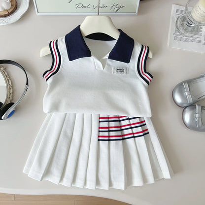 Baby Girl College Style Summer 2PCS Clothes Set Polo Collar Kid Girl Vest Top Set Thin Stylish Stripe Pleated Skirt Belle Outfit