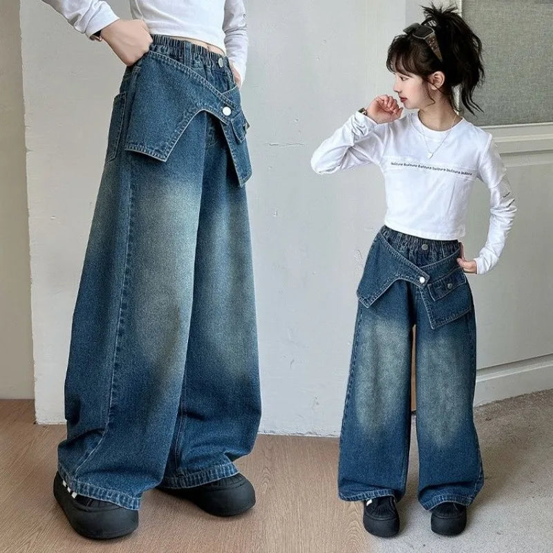 Autumn Trendy Korean Style Flared Jeans for Girls - Medium & Large Kids, Ruffled Long Pants for Junior High Students