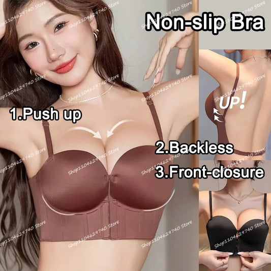 Women Sexy U-shaped Backless Front-closure Bra Ultra Hot Push-up Comfortable Non-slip Seamless Lingerie Top For Strapless Straps