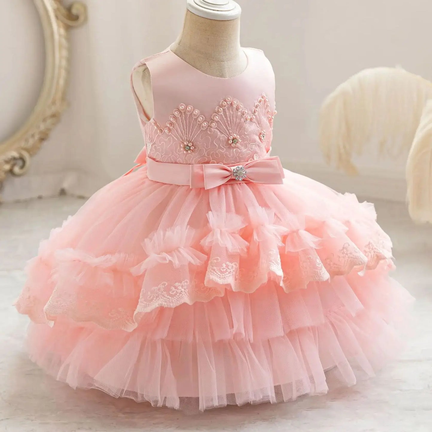 Party Dresses For Girl Formal Prom Wedding Dress Beaded Embroidery Mesh Princess Dress For Infant Baby 1st Birthday Baptism Gown