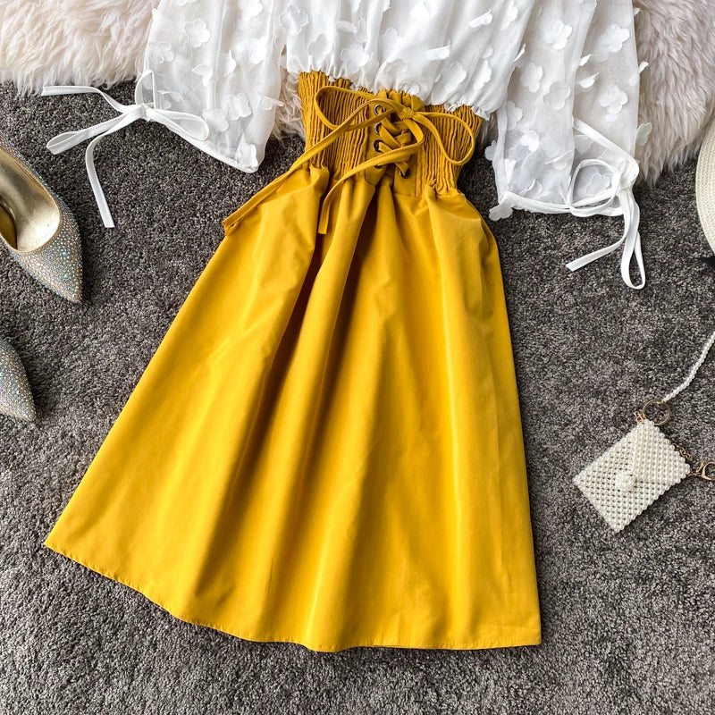 Summer Women's Dress Sexy Off Shoulder Patchwork Party Flower Chiffon Waist Lace Up Beach Short Dresses