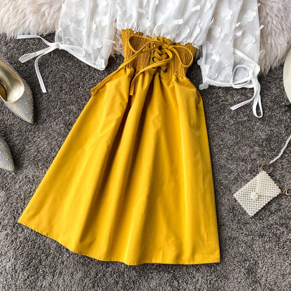 Summer Women's Dress Sexy Off Shoulder Patchwork Party Flower Chiffon Waist Lace Up Beach Short Dresses