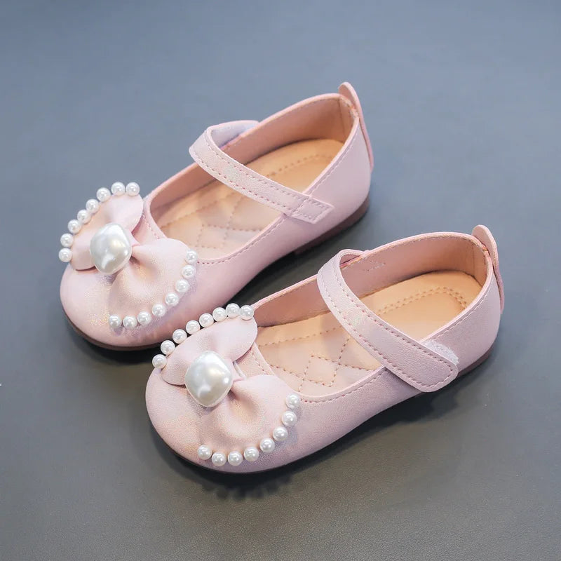 Girl's Leather Shoes Casual Simple Bowtie with Pearls 2024 New Flat Shoes Soft Sole Baby Kids Dress Shoes Children Party Flats