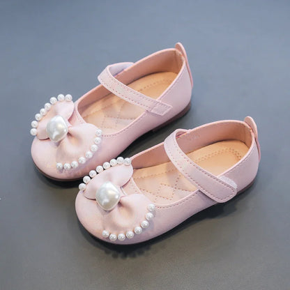 Girl's Leather Shoes Casual Simple Bowtie with Pearls 2024 New Flat Shoes Soft Sole Baby Kids Dress Shoes Children Party Flats