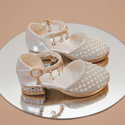 Girls High Heeled Shoes for Wedding Party Glitter Rhinestone Pendants Shiny Glitter Fashion Princess Kids Leather Dress Shoes