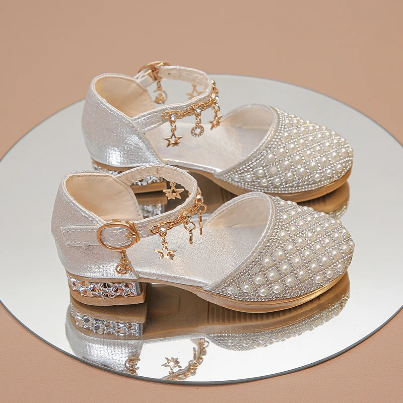 Girls High Heeled Shoes for Wedding Party Glitter Rhinestone Pendants Shiny Glitter Fashion Princess Kids Leather Dress Shoes