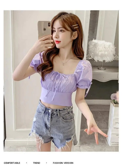 New Women's One-shoulder Lace-up Short Sleeve Waist-hugging Top