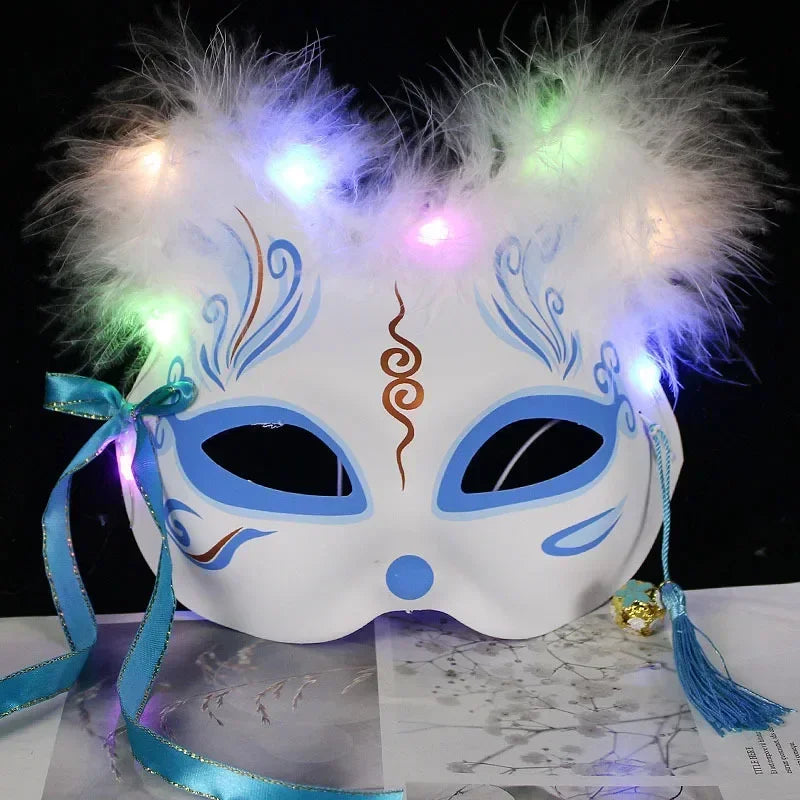 Luminous Feather Fox Mask Half Face Cat Anime Fox Mask Children Luminous Mask Eye Mask Makeup Party Role Play Props