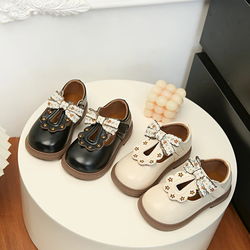 Cute bow Leather Girls Shoes 2025 New T-strap Oxfords Spring Kids Soft Shoes For Girl School Children Princess Dress Shoes