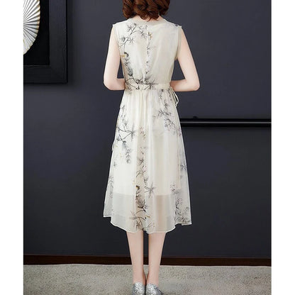 Summer New Elegant Fashion Printing Tank Dress Ladies Sleeveless Holiday Casual Robe Women Drawstring Waist A-line Midi Vestidos