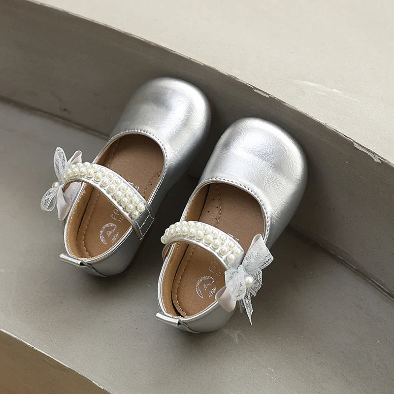 New Spring Autumn Kids Leather Shoes Side Bowknot Little Girls Dress Flat Shoes Elegant Children Princess Ballet Shoes for Party