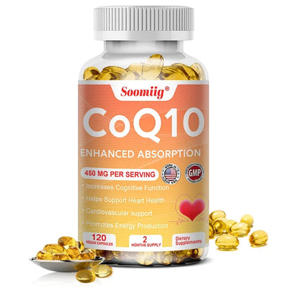 120pcs Q10 Coenzyme 450mg Capsules Cardiovascular and Heart Health Energy Vitamins Beauty and Health, Promote Blood Circulation