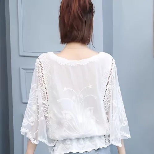 TingYiLi Batwing Sleeve Hollow Out Embroidery Cotton Top Women Summer Black White Lace Short Blouses Vintage Sweet Boho Top