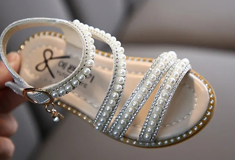 Summer Children's Sandals Korean Style Open-toe Kids Girls Causal Rhinestone Pearl Flats Sandals Fashion Princess Dress Shoes