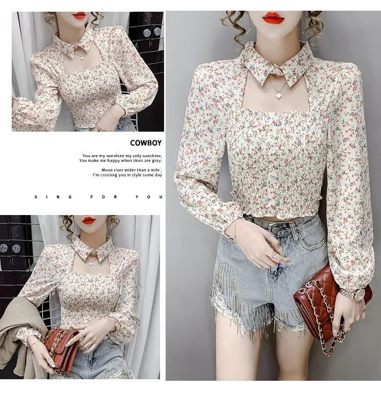 2025 Floral Chiffon Shirt New Spring Summer Women Collect Waist Hollow Out Tops Vintage Blouse Women Longsleeve Short Shirt 3XL