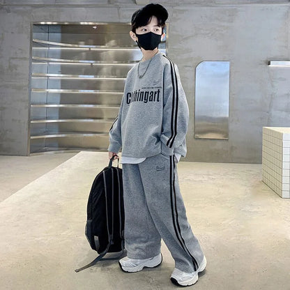 Teenager boys Suit autumn winter Cloth letter striped sweatshirt hooded + wide leg Pants tracksuit 5 8 10 12 Year Child set