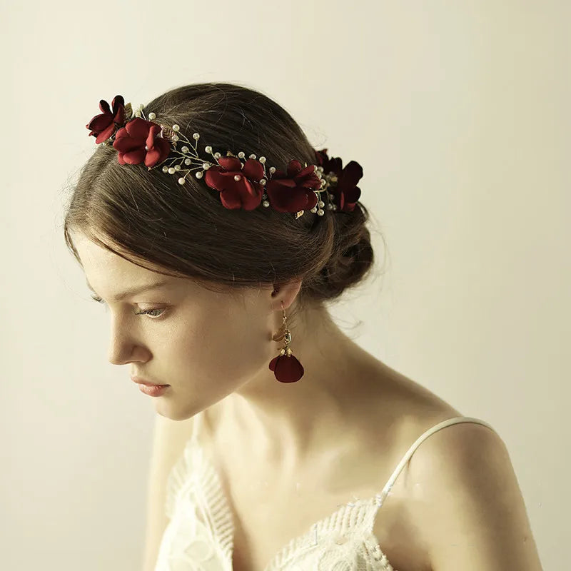 Artificial Flower Hairband Wedding Tiaras For Women Red Floral Pearl Headband Elegant Girls Hair Hoop Bridal Headwear Jewelry