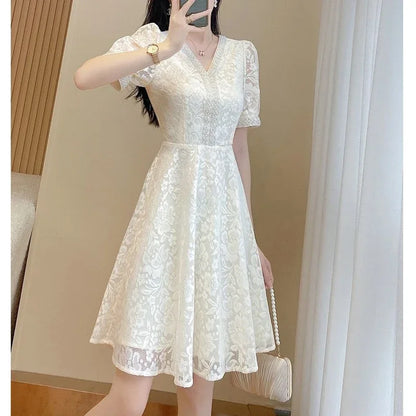 Retro Lace Sequins Beaded Chic Elegant White Party Dresses for Women Summer Fashion V Neck Short Sleeve Slim Midi Dress Vestidos