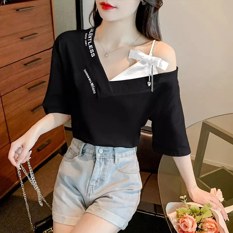 Unique Design oulder Bared ort Sve V-Ne Loose T-irt for Women  Knot Print Splice Asymmetrical Korean Sle