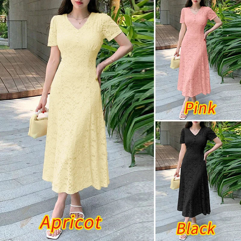 ZANZEA Women Summer Lace Patchwork Dresses 2026 Elegant Party Dress Stylish V Neck Short Sleeve Office Sundress A Line Midi Robe