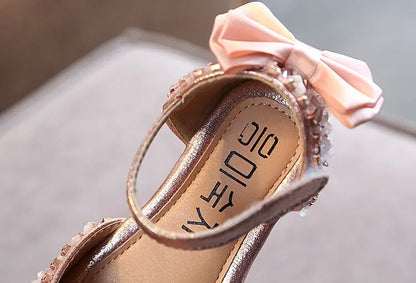 2023 Crystal Bow Single Shoes Summer Girls Fashion Princess Soft Shoes Children Pu Leather Flat Baby Rhinestone Sandals A986