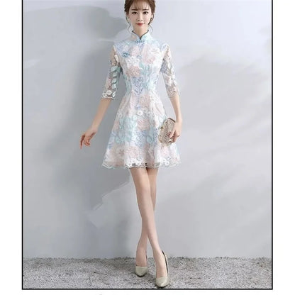 Spring Autumn Female Cheongsam Style Long Dresses Women Half Sleeve Lmproved Maxi Dress 2025 Ladies Fashion Solid Color Vestidos