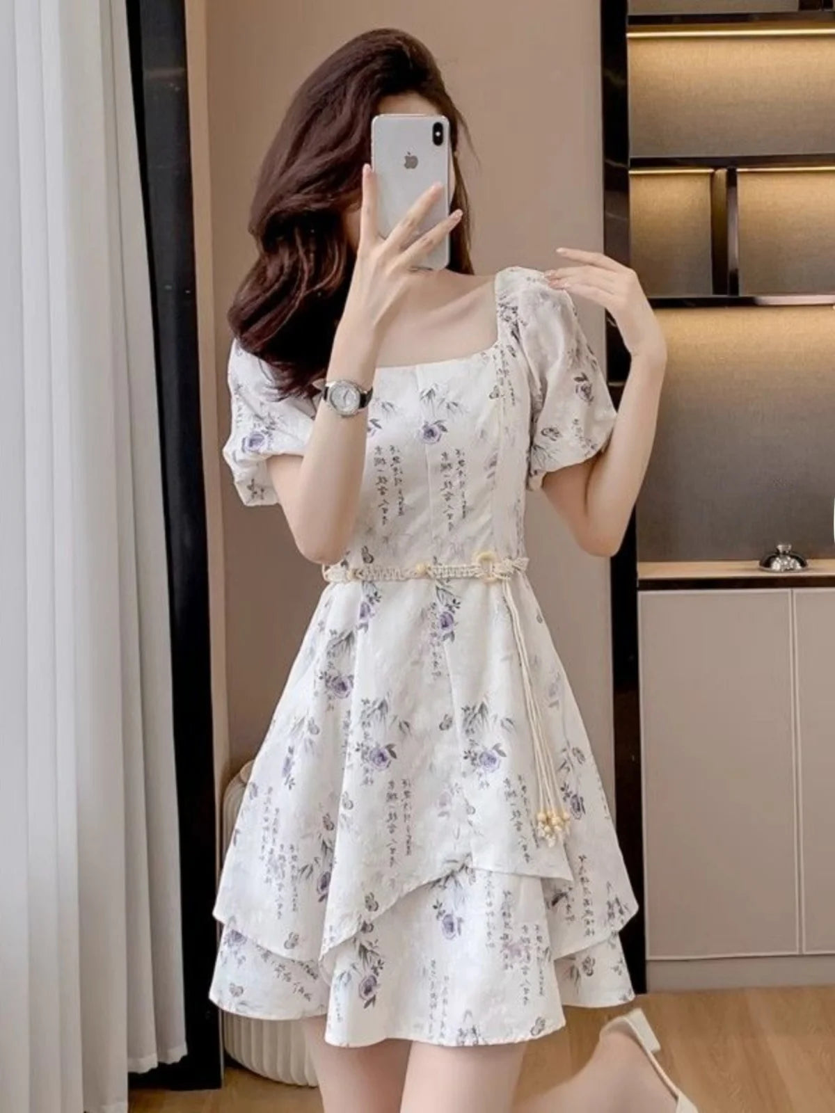 Summer New Chinese Sle Square Collar Bubble ort Sve Retro Waist Cinched A-Line  Dr Women's Faion Sweet Princ