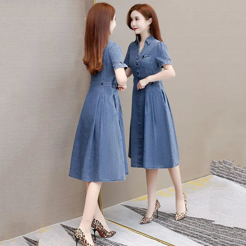 2026 Korean Summer New Denim Dress Women Temperament  Short Sleeved Fashion Slim All-match Casual Dress Female Vestidos